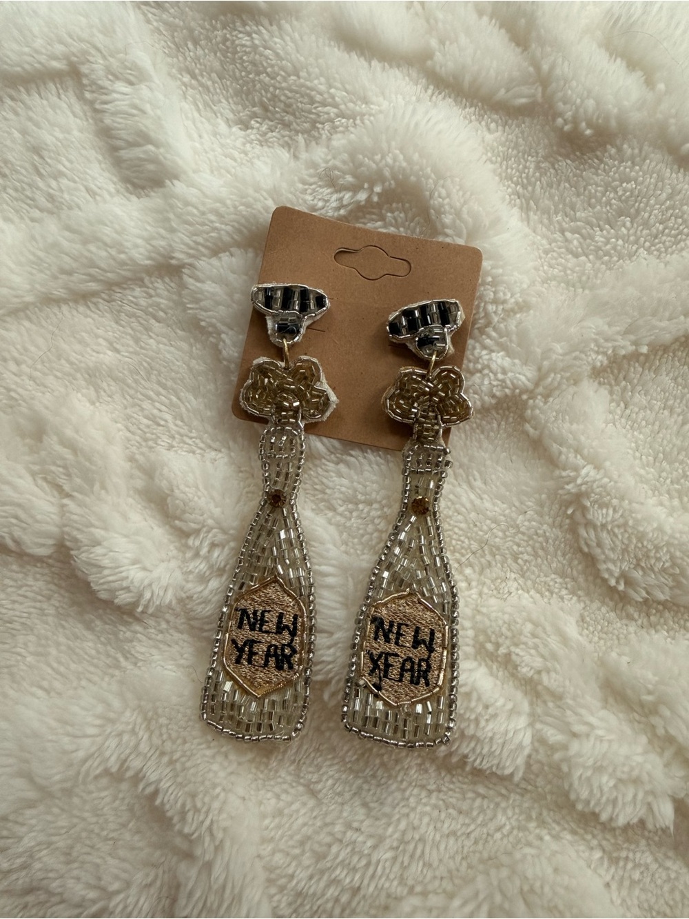 New Year Champagne Bottle Beaded Drop Earrings - Gold & Silver